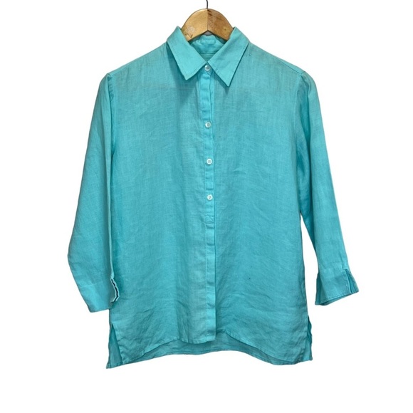 Classics By Liz Claiborne Blue Button Down Shirt 100% Linen Size Small - Picture 1 of 11